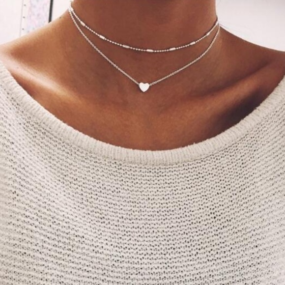4 for $20 Layered Heart Choker Necklace (Silver) - Picture 2 of 6